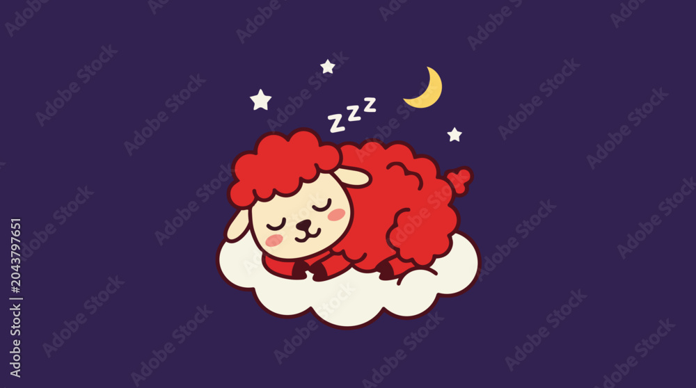 Fototapeta premium Sleeping sheep on a cloud. Cute night time illustration. Vector graphic isolated on dark background