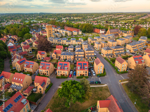 Drone view of Cane Hill estate, chapel and water tower in Coulsdon