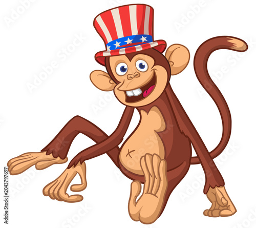 Canvas Print Cartoon funny monkey chimpanzee sitting wearing Uncle Sam hat