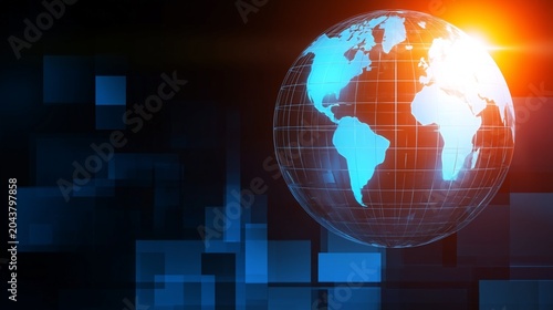 Digital globe displaying world map and bright lens flare against a dark background with abstract blue squares, symbolizing global connectivity, technology, and data networks