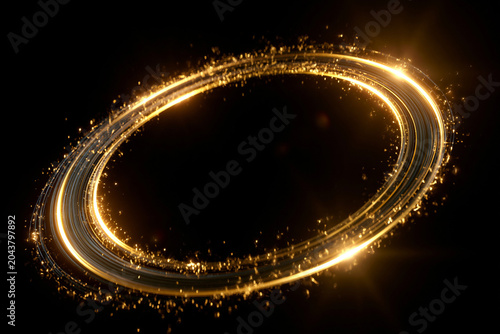 Fundo abstrato com um anel de luz dourado brilhante, rastros de energia em espiral e faíscas voando no escuro