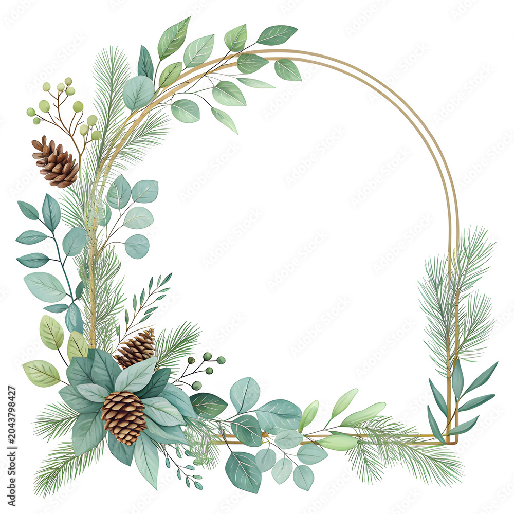 Fototapeta premium elegant arch-shaped frame with winter leaves, eucalyptus and pine branches, soft sage green palette, premium invitation design