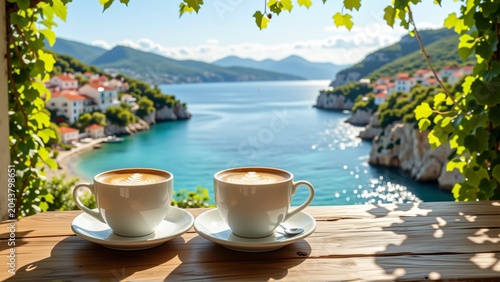 two cups coffee wooden table beautiful view sea mountains background cups white saucers intricate latte art designs table surrounded greenery window side allowing natural light enter scene sea deep