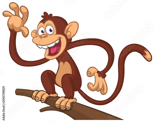 Canvas Print Cartoon funny monkey chimpanzee with cute face expression sitting on the tree branch