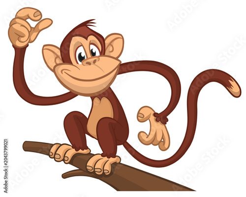 Canvas Print Cartoon funny monkey chimpanzee with cute face expression sitting on the tree branch