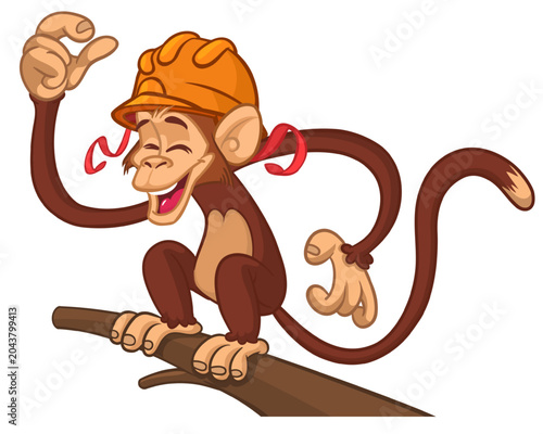 Canvas Print Cartoon funny brown monkey chimpanzee wearing safety helmet
