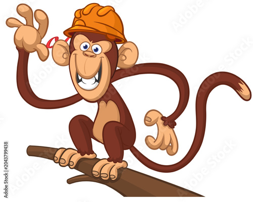 Canvas Print Cartoon funny brown monkey chimpanzee wearing safety helmet