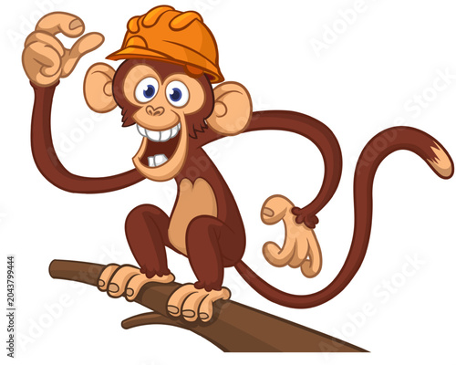 Canvas Print Cartoon funny brown monkey chimpanzee wearing safety helmet