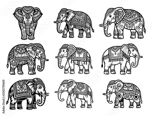 Photography Set of Ornate Indian Elephants with Mandala Patterns, Decorative Ethnic Ganesha