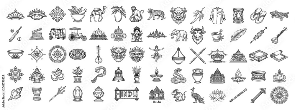 Obraz premium Extensive Collection of Indian Heritage and Culture Line Art Icons, Detailed Hand Drawn Sketches of Symbols and Landmarks Vector