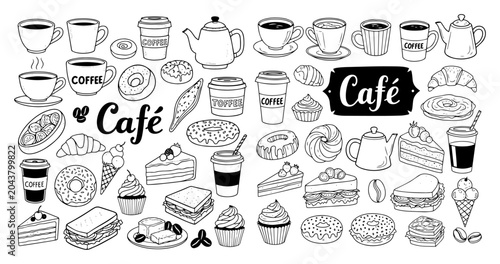 Large Cafe and Bakery Doodle Set with Coffee Cups Donuts Cakes and Sandwiches, Hand Drawn Food and Drink Icons Collection