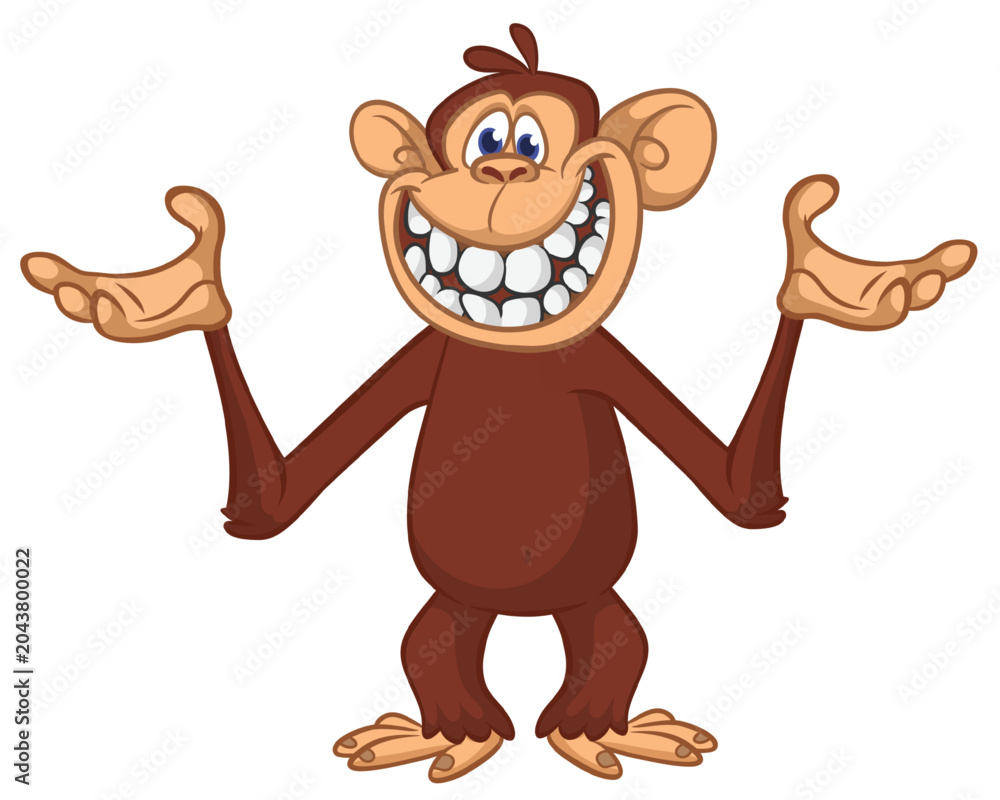 Obraz premium Cartoon funny monkey chimpanzee with cute face expression. Vector illustration isolated on white