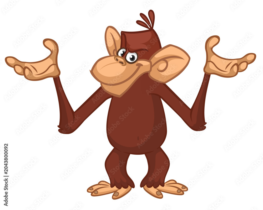 Obraz premium Cartoon funny monkey chimpanzee with cute face expression. Vector illustration isolated on white