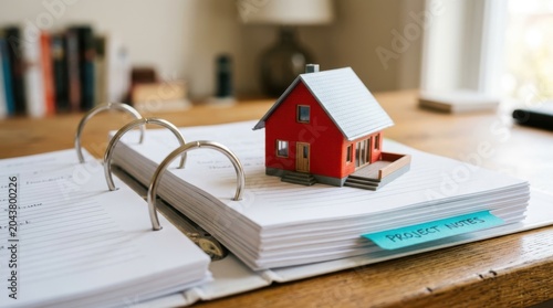 Little house model on binder with project notes on a wooden desk, concept of real estate planning.