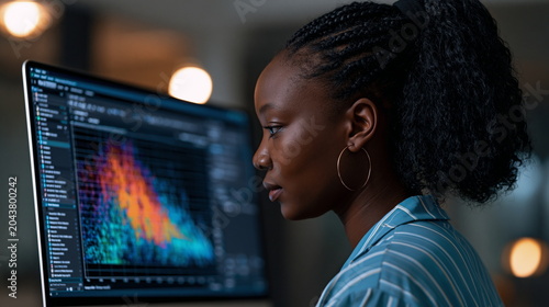 Actuary Conducting In-Depth Analysis of Risk Data Trends on High-Performance Computer Screen in Focused Work Environment