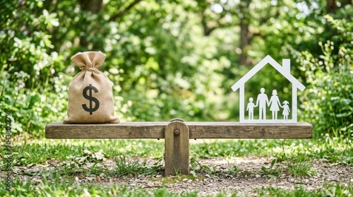Money bag and family home icon balanced on wooden seesaw in green natural outdoor setting.