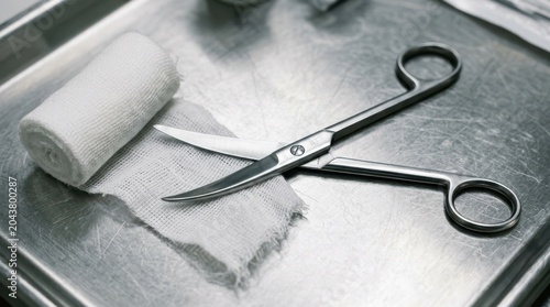 Medical scissors and a roll of white gauze resting on a sterile metal tray, close-up shot.