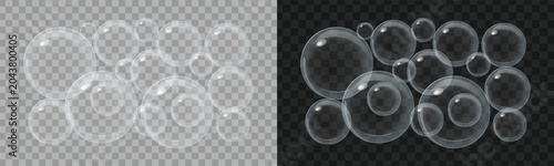 Cuadro en lienzo Set of realistic transparent bubbles floating on dark and light backgrounds for water soap texture design effect element