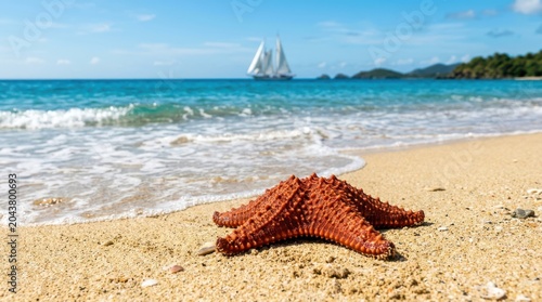 Vibrant orange starfish rests on a sandy beach with gentle waves and a sailboat in the background.