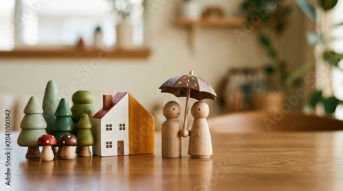 Wooden doll family standing under small umbrella next to miniature toy house and trees on rustic desk home environment.
