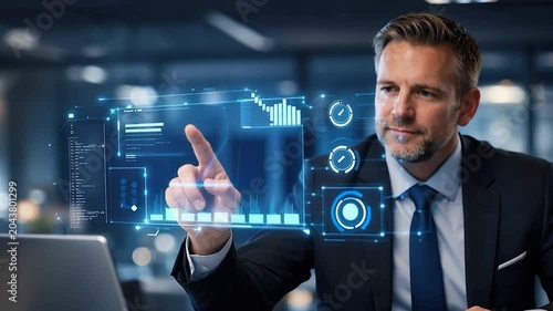 Businessman Interacting with Futuristic Dashboard Data Interface
