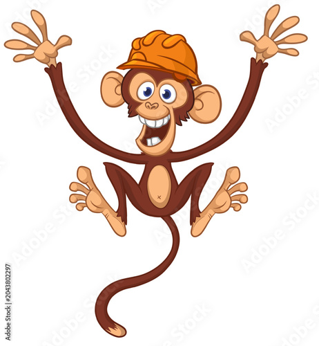 Canvas Print Cartoon funny brown monkey chimpanzee wearing safety helmet