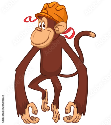 Canvas Print Cartoon funny brown monkey chimpanzee wearing safety helmet