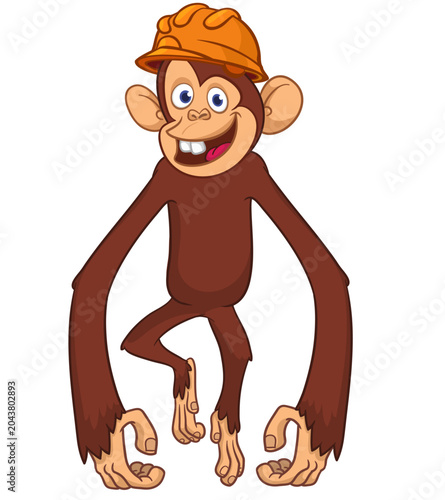 Canvas Print Cartoon funny brown monkey chimpanzee wearing safety helmet