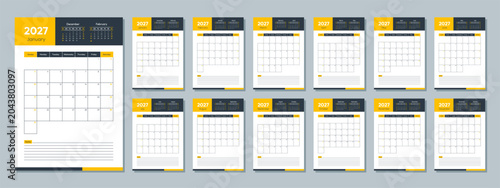 2027 Calendar Template. Minimalist Corporate Business Planner. Sunday Start Monthly A4 Pages Set. Vector Illustration