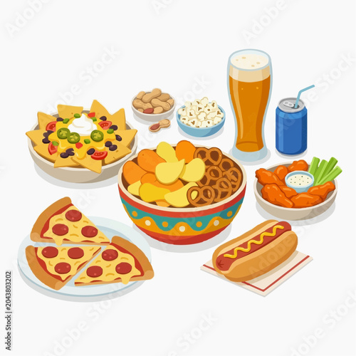Assortment of party snacks and drinks including pizza nachos hot dog chips beer and soda