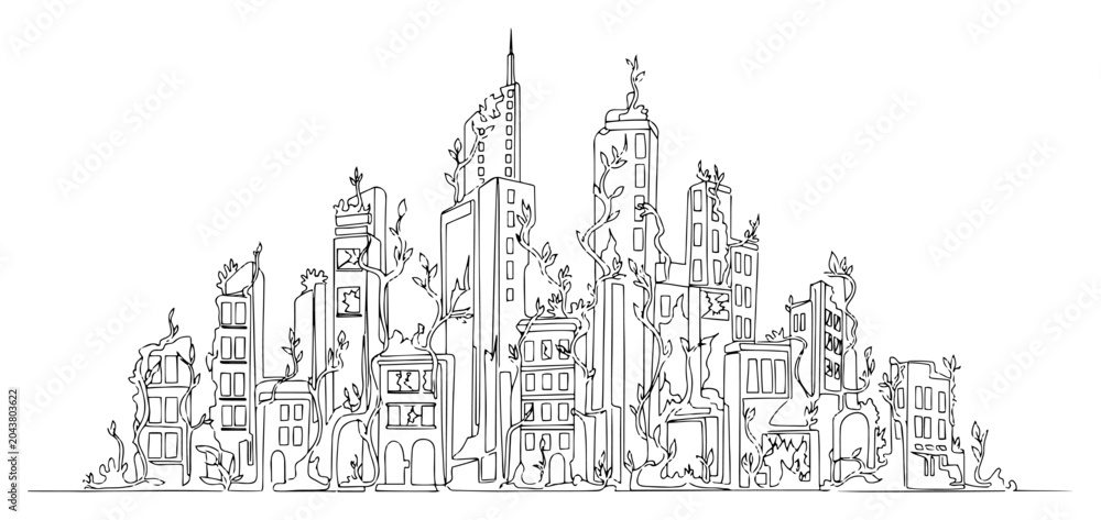 Naklejka premium Ruined post-apocalyptic city skyline continuous line art, abandoned overgrown buildings with nature reclaiming city illustration, dystopia urban ruins vector sketch