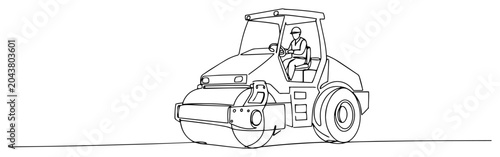 Photos Road roller compactor with driver continuous line drawing, heavy construction ma