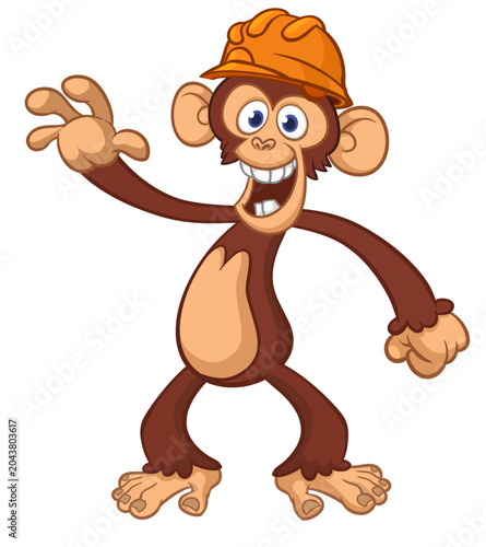 Canvas Print Cartoon funny brown monkey chimpanzee wearing safety helmet