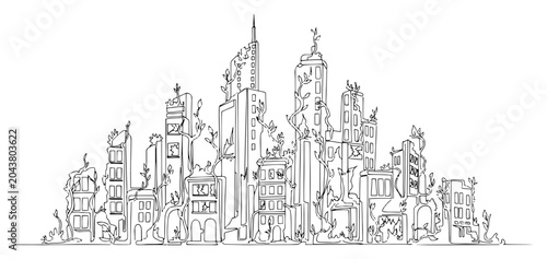 Quadro su tela Ruined post-apocalyptic city skyline continuous line art, abandoned overgrown bu