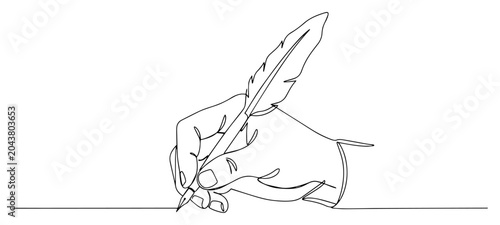 Φωτογραφία Hand writing with feather quill continuous line drawing, vintage literature and