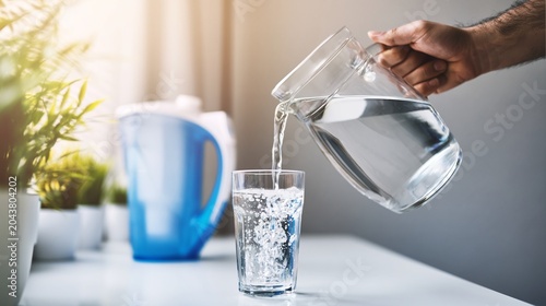 Hand pouring refreshing clear filtered water from a transparent glass jug into a drinking glass, hydrating for wellness and a healthy lifestyle