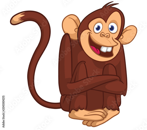 Canvas Print Cartoon funny monkey chimpanzee with cute face expression sitting in shy pose