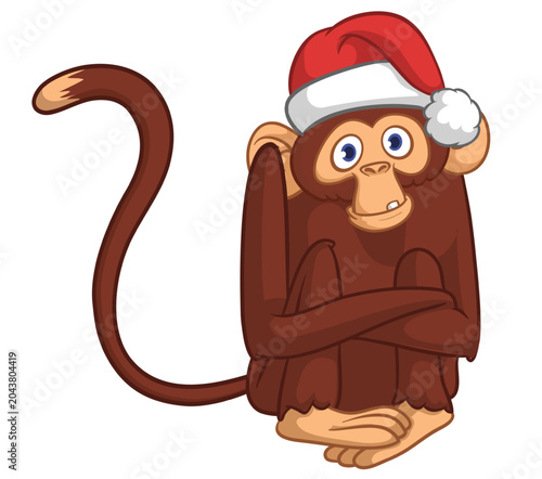 Canvas Print Cartoon funny monkey chimpanzee wearing Santa Hat