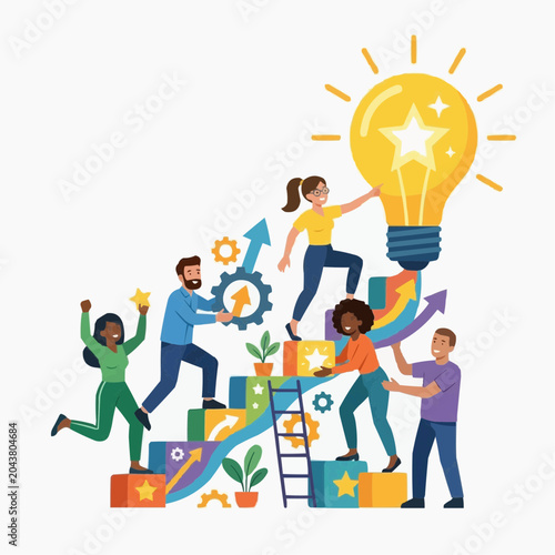 Diverse team collaborating to achieve a bright idea symbolized by a giant lightbulb