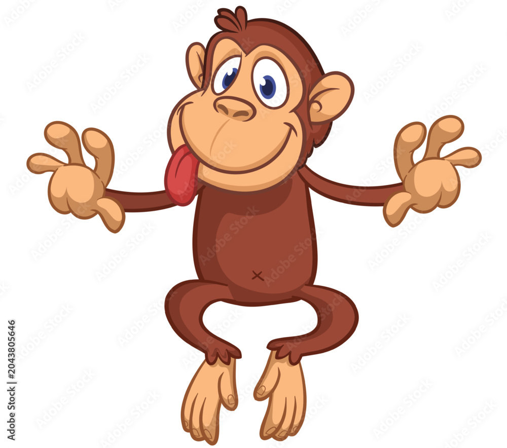 Obraz premium monkey, cartoon, chimpanzee, illustration, standing, vector, happy, character, funny, isolated, design, gorilla, chimp, cute, ape, brown, smiling, drawing, expression, excited, tree, emotion, gift, fa