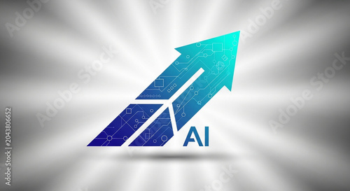 A sleek vector graphic shows an upward-pointing arrow symbolizing artificial intelligence growth and innovation.