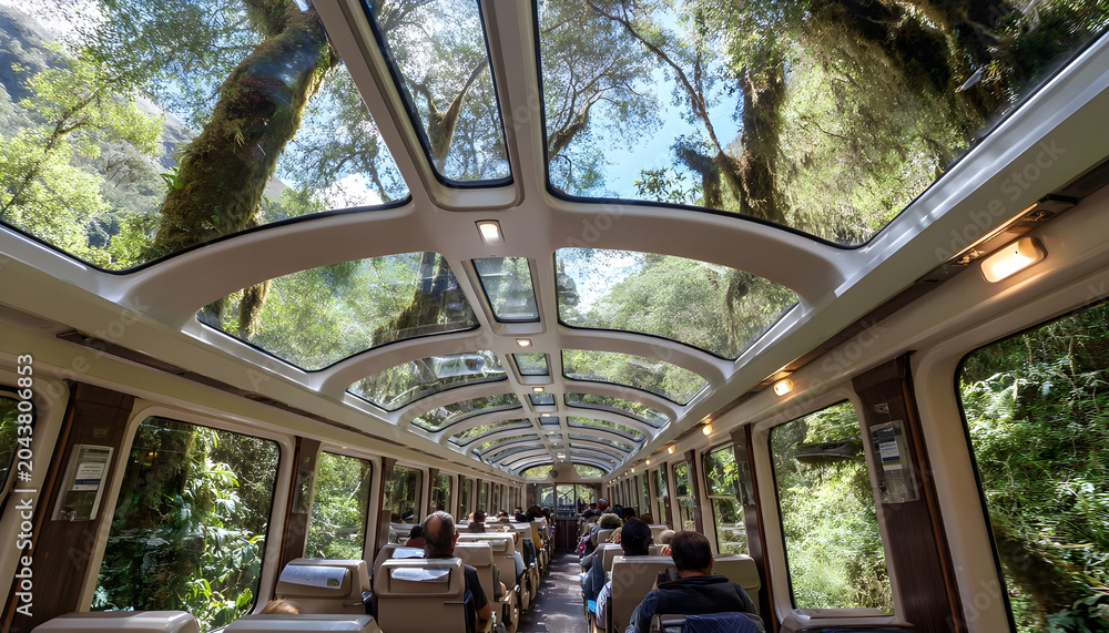 Obraz premium Interior low angle shot of the panoramic glass ceiling on the Vistadome train to Machu Picchu, Peru. Travelers enjoy views of the lush jungle canopy and mountains through the skylight windows