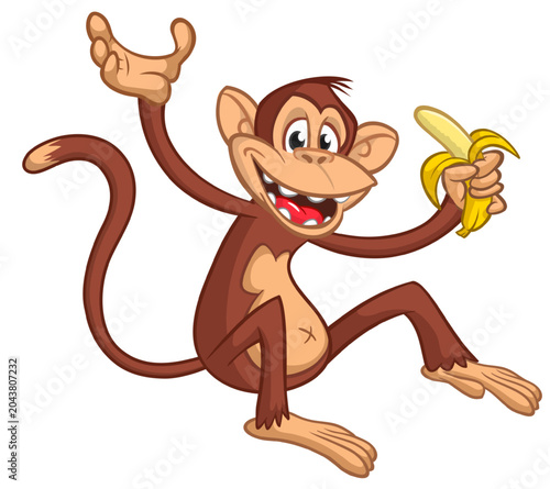 Canvas Print Cartoon funny monkey sitting  holding banana in his hand
