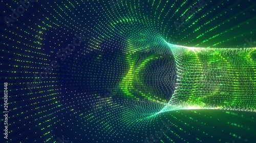 Green glowing particle funnel with dotted digital waves, representing data flow