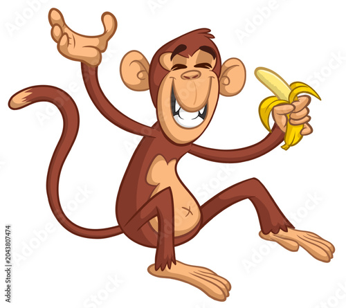 Photography Cartoon funny monkey sitting  holding banana in his hand