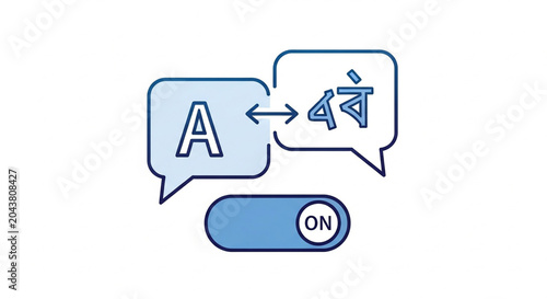 A vector graphic shows language translation between English letter A and Hindi character with an ON toggle switch.