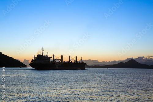 Silhouette of a cargo ship leaving the port of Santos, Brazil