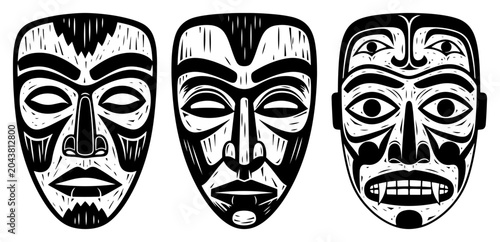 Fotografía Tribal masks set in linocut style, ethnic indigenous culture and shamanism illus