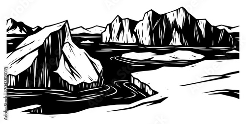 Bild auf Leinwand Icebergs in arctic ocean landscape linocut illustration, polar icy mountains and