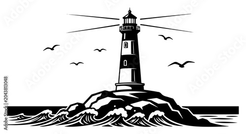Foto Lighthouse on rocky island with sea waves and seagulls linocut illustration, coa
